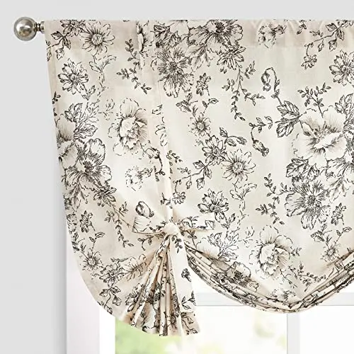 JINCHAN Black on Beige Floral Tie-Up Valance on a kitchen window