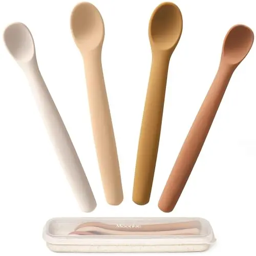Moonkie Silicone Baby Spoons Set of 4 with case showing two spoon sizes and bendable design