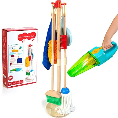 Kids cleaning set with electric vacuum, broom, mop, and duster