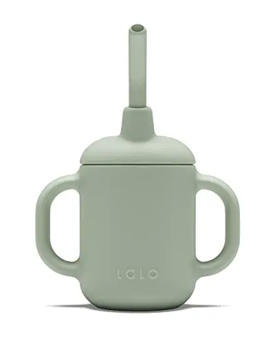 Lalo Little Cup silicone straw cup with handles in sage green