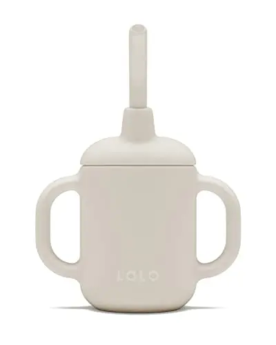 Lalo oatmeal colored silicone straw cup with soft handles