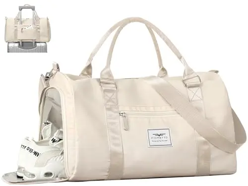 FIORETTO beige duffel tote bag with wet pocket and shoe compartment shown open.