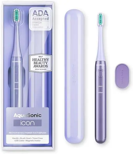 Aquasonic Icon rechargeable electric toothbrush in lilac with a slim travel case and magnetic holder.