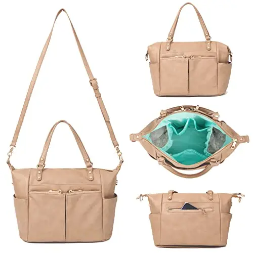 MOMINSIDE camel vegan leather diaper tote bag with multiple pockets
