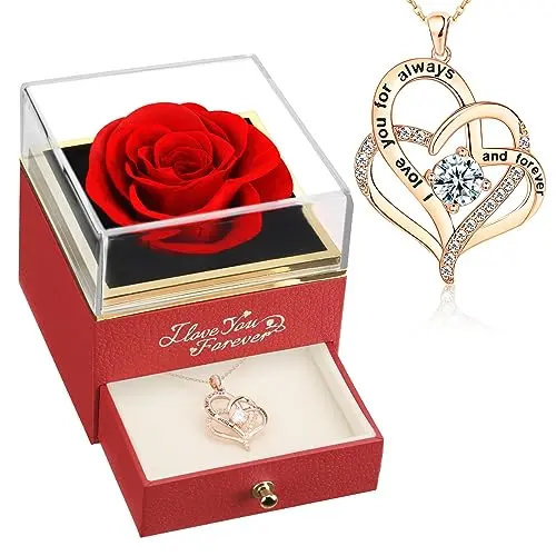 Red preserved real rose in a glass dome with a heart necklace beside it