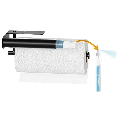 SpaceAid SprayNeat 2 in 1 paper towel holder in black, mounted under a cabinet with a spray bottle inside.