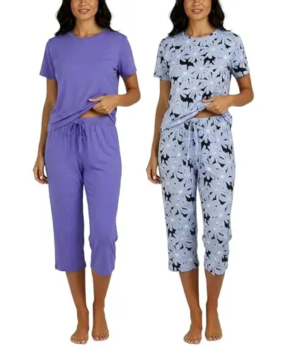 Real Essentials Capri Pajama Set with short sleeve tops and capri pants in various prints