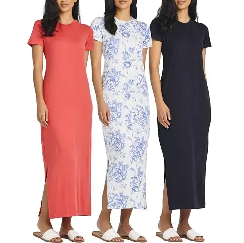 Real Essentials Maxi T-Shirt Dress with Short Sleeves and Side Slit