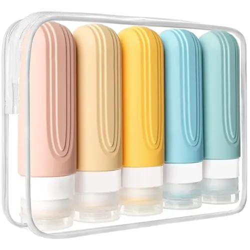 CHEODIN 5 pack colorful silicone travel bottles with a toiletry bag