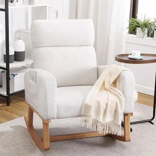 HCHAIRH teddy white sherpa fabric rocking armchair with high backrest for nursery