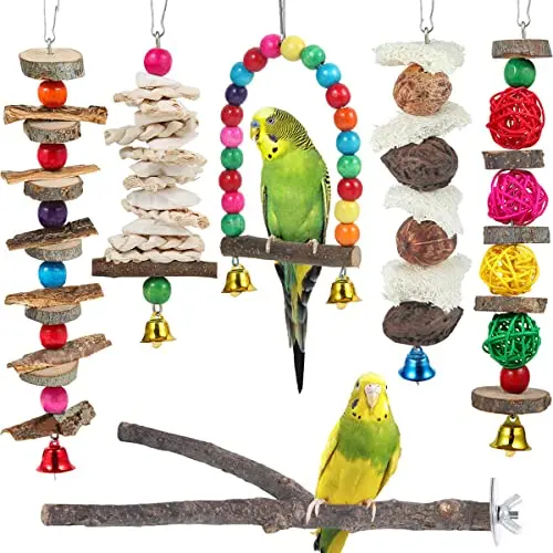 BBJINRONJY collection of natural wood bird chew toys and perches with bark and loofah