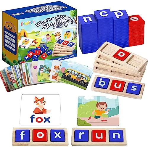 Letapapa wooden CVC word spelling boards with letter blocks and flash cards