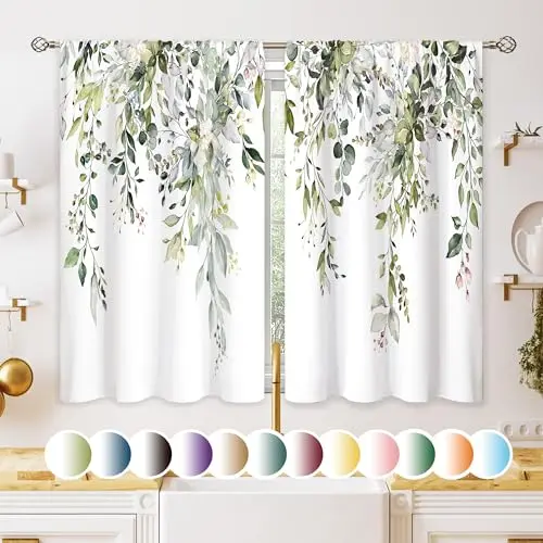 oolygoo Sage Green Eucalyptus Leaf Kitchen Curtains