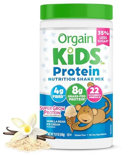 Tub of Orgain Kids Vanilla Bean Ice Cream protein powder