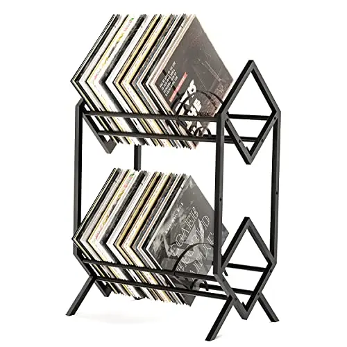 RUILALIFE two-tier black metal vinyl record storage rack with dividers