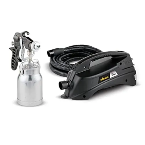 Wagner Spraytech Earlex 5700 stationary HVLP paint sprayer unit with spray gun and hose.