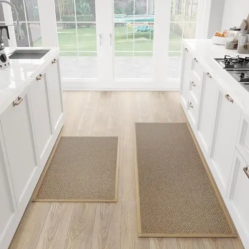Brown braided polyester kitchen mat set of two on floor