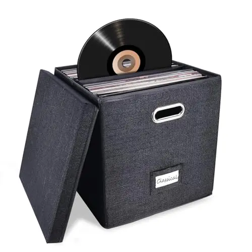 Black fabric foldable vinyl record storage box with a removable lid and adjustable divider.