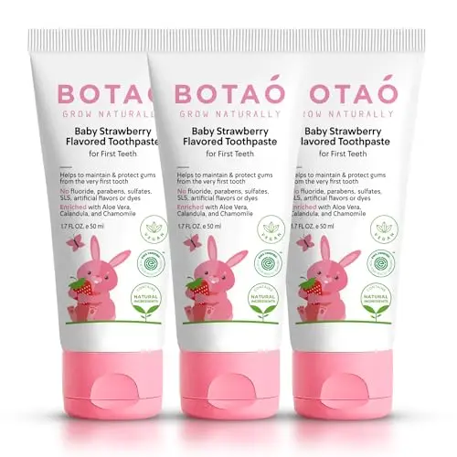 BOTAO Fluoride Free Baby Toothpaste with Strawberry flavor and Aloe Vera, three-pack