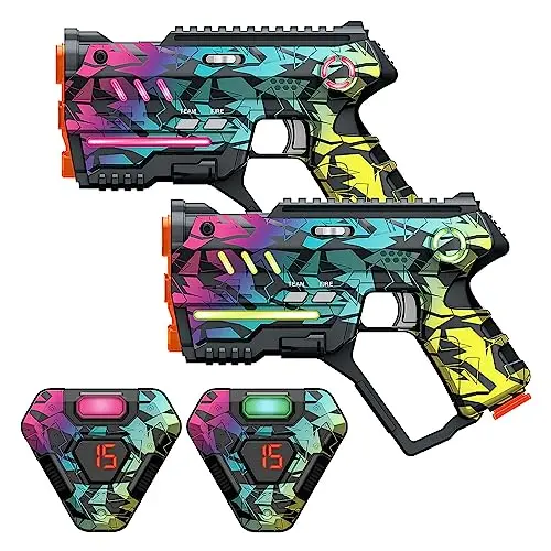 WINYEA cyberpunk-styled laser tag guns and vests with glowing LED accents