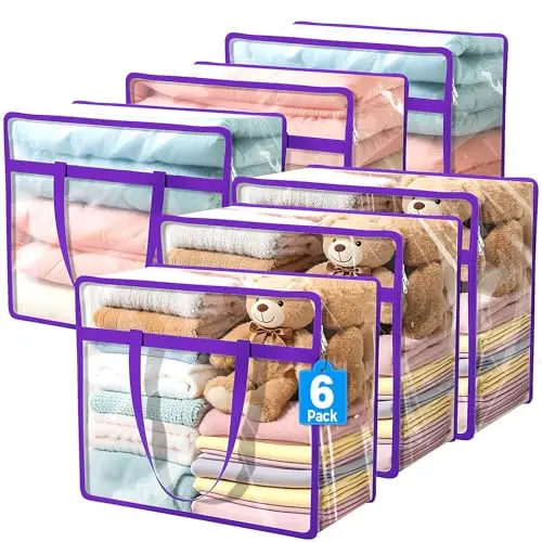 Set of six large, clear PVC zippered storage bags with heavy-duty handles