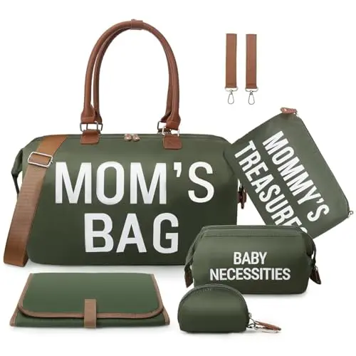 Printe olive green large diaper bag tote set with changing pad and pouches