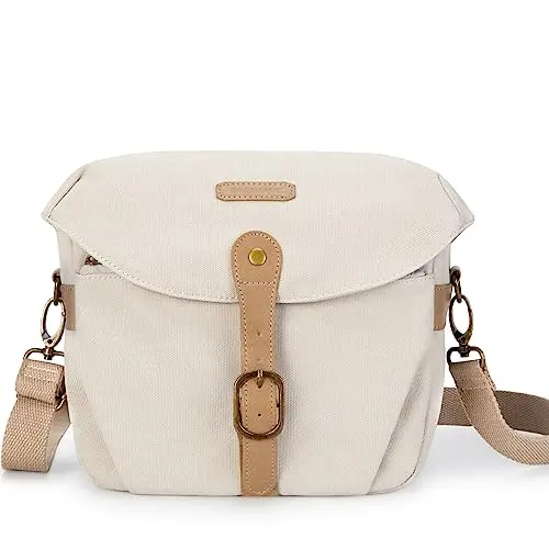 BAGSMART ivory white canvas crossbody camera bag with rain cover