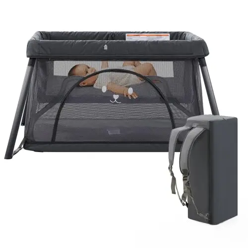 Sporary Travel Crib in dark grey, showing folded compact size and side zipper