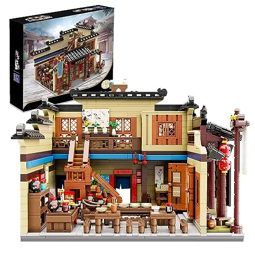 Pantasy Tongfu Inn building block set showing a colorful retro Chinese hotel with buildable details