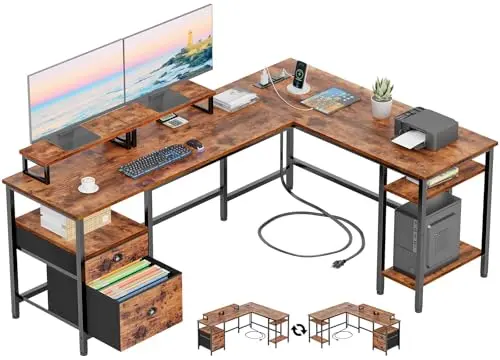 Furologee 66-inch L-shaped corner desk with power outlets and monitor stands