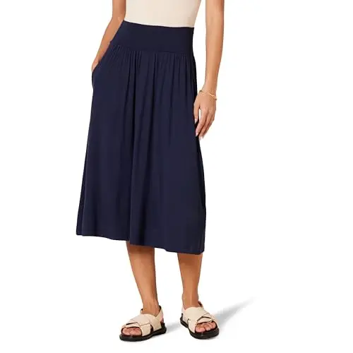 Amazon Essentials women's relaxed fit navy blue midi pull-on skirt with side seam pockets.