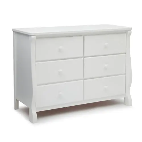 Delta Children white six-drawer nursery dresser with sleigh-style silhouette