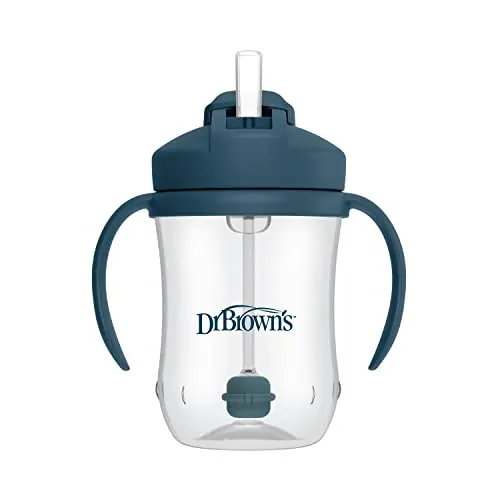 Dr. Brown's blue baby straw cup with weighted straw and sliding travel lid
