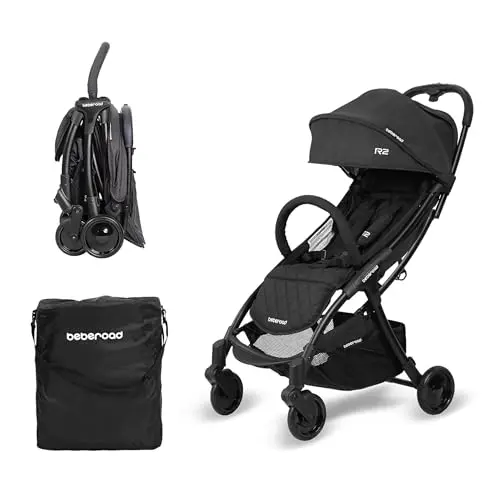 Beberoad R2 black travel stroller with extended UPF 50+ canopy and travel bag