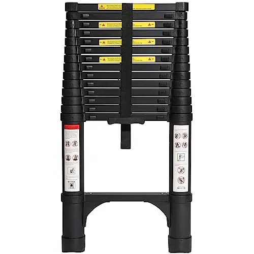BOCOM 14.5 foot black aluminum telescoping ladder with triangle stabilizers in a compact, folded position.