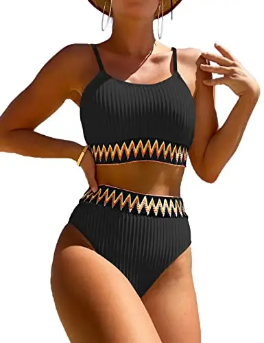 Zuvebamyo women's high-waisted ribbed bikini set in bright color