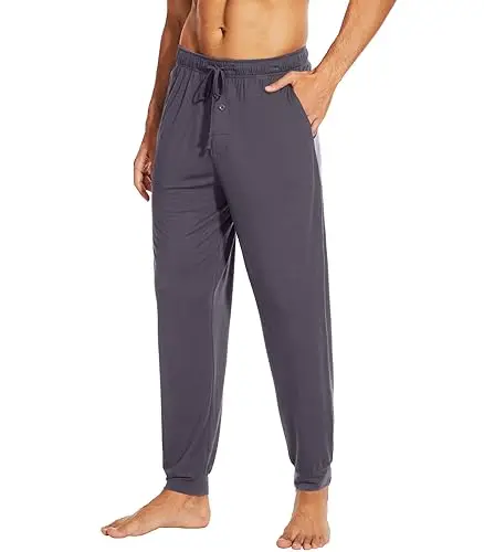 WiWi Men's Jogger Pajama Pants in dark grey, showing tapered ankles and button fly
