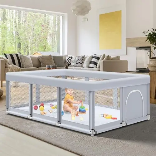 Fshibila large rectangular grey baby playard with mesh walls
