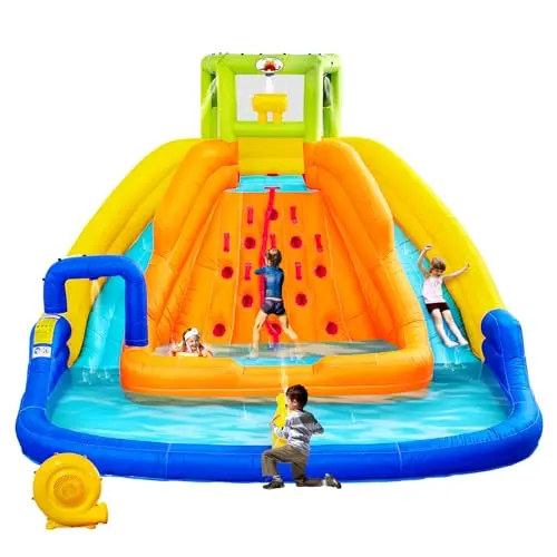 WELLFUNTIME inflatable water slide bounce house with water bucket and climbing wall