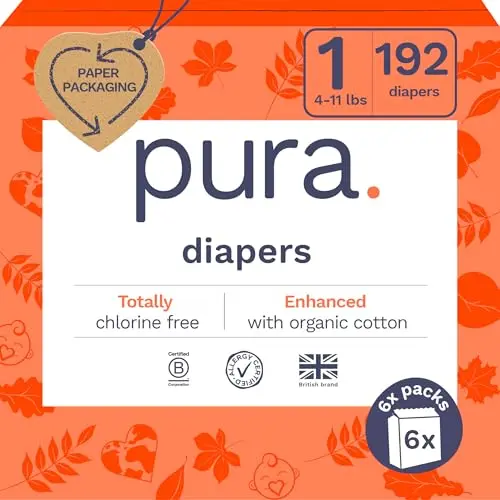 Pura Size 1 Eco-Friendly Diapers in bulk packaging