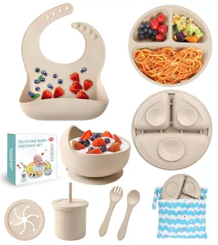 ECLIP Silicone Baby Feeding Set with suction bowl, divided plate, adjustable bib, spoons, cup, and travel bag