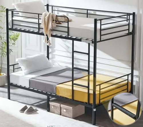 VINGLI black metal twin over twin bunk bed with integrated staircase and flat rungs.
