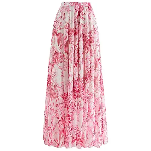 Chicwish women's pink chiffon maxi skirt with floral forest print and elastic waistband