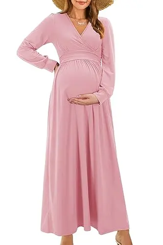 OUGES long sleeve wrap v-neck maternity maxi dress