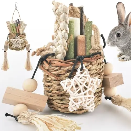 BISSAP natural seagrass hanging basket chew toy for rabbits with various treats