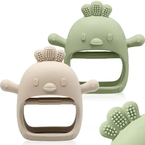 Baby teething mitten toy that straps onto a wrist, made of soft silicone in green and caramel colors.