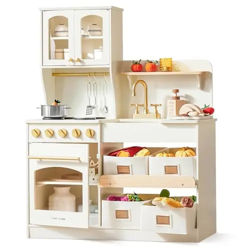 Tiny Land play kitchen with storage system in sage green with felt boxes