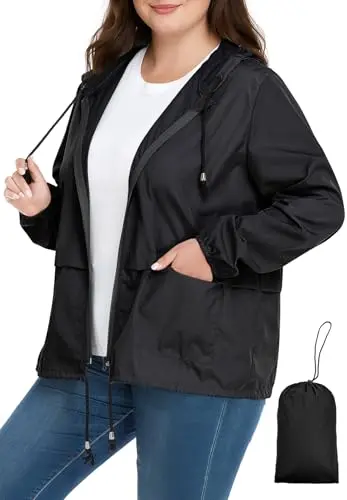 ZANDO Plus Size Rain Jacket for Women in Black, featuring a defined waist and a packable pouch.