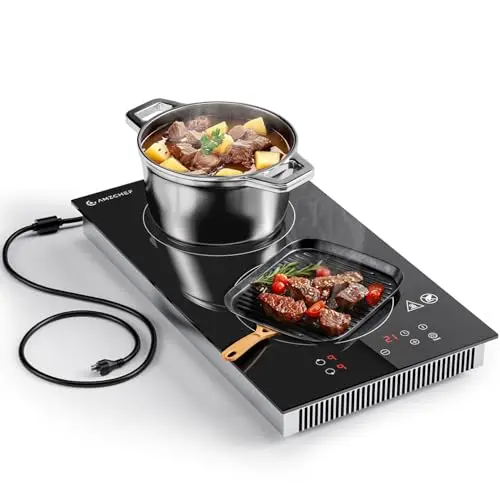 AMZCHEF 12-inch induction cooktop with two burners and a tempered black glass panel.