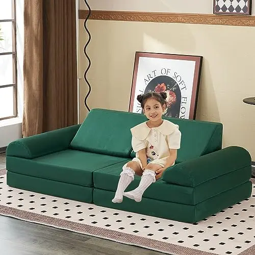 Jela modular play couch in pine green set up as a fort.